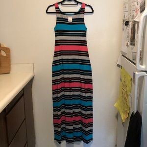 Coral Blue Grey and Black Striped Maxi Dress